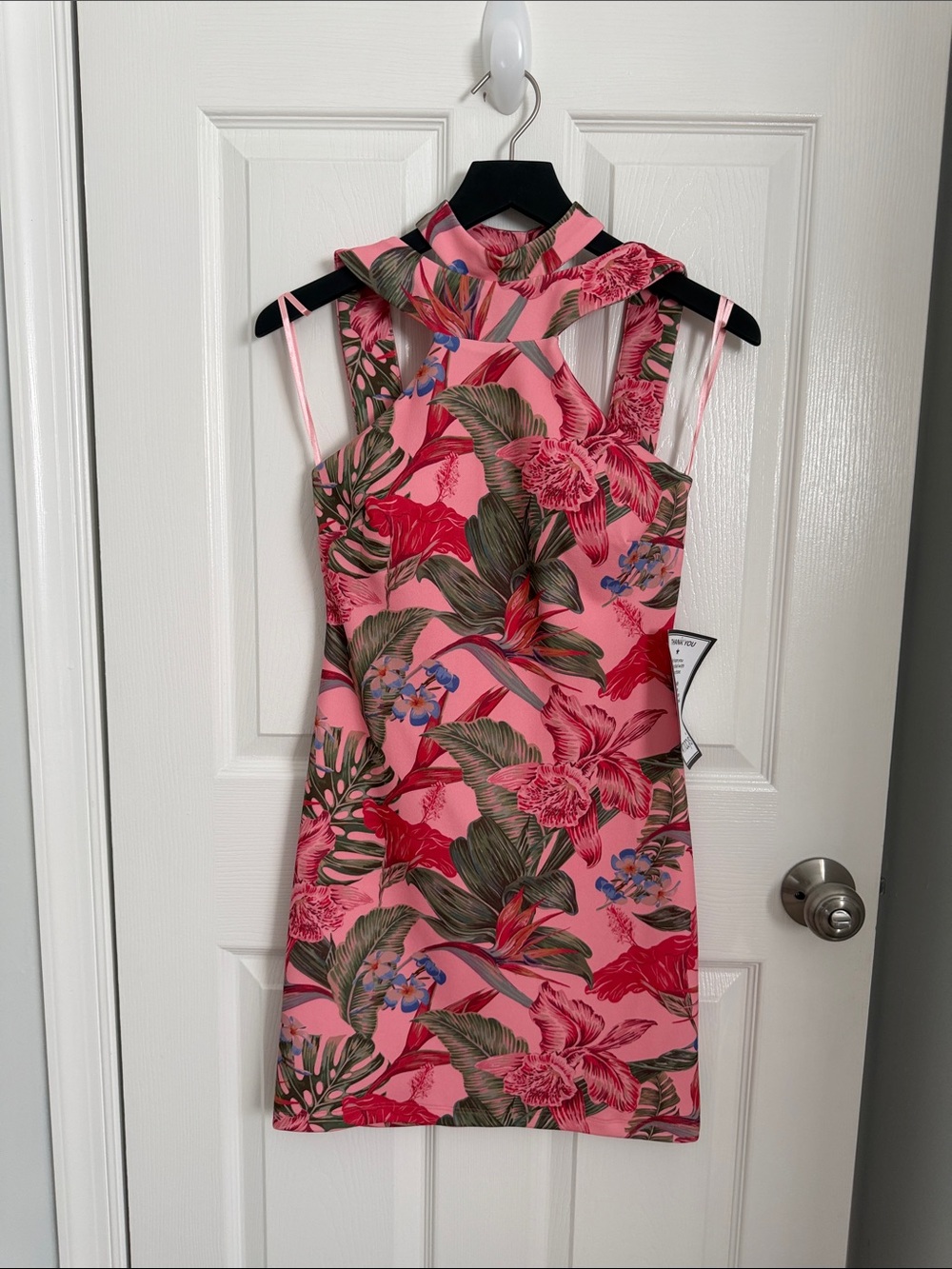 bebe Pink Tropical Floral Halter Mini Dress